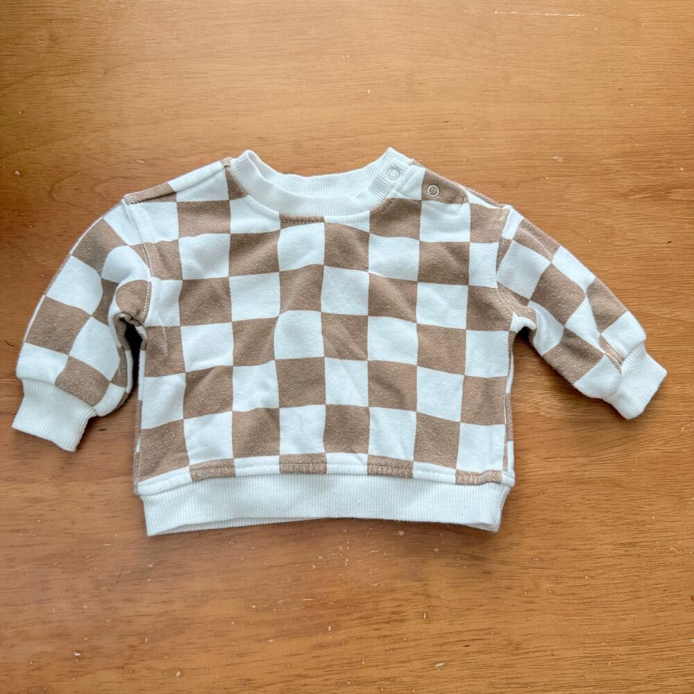 Grayson Mini Sweatshirt Newborn Brown Checkerboard Grid Check Skater Baby Boy